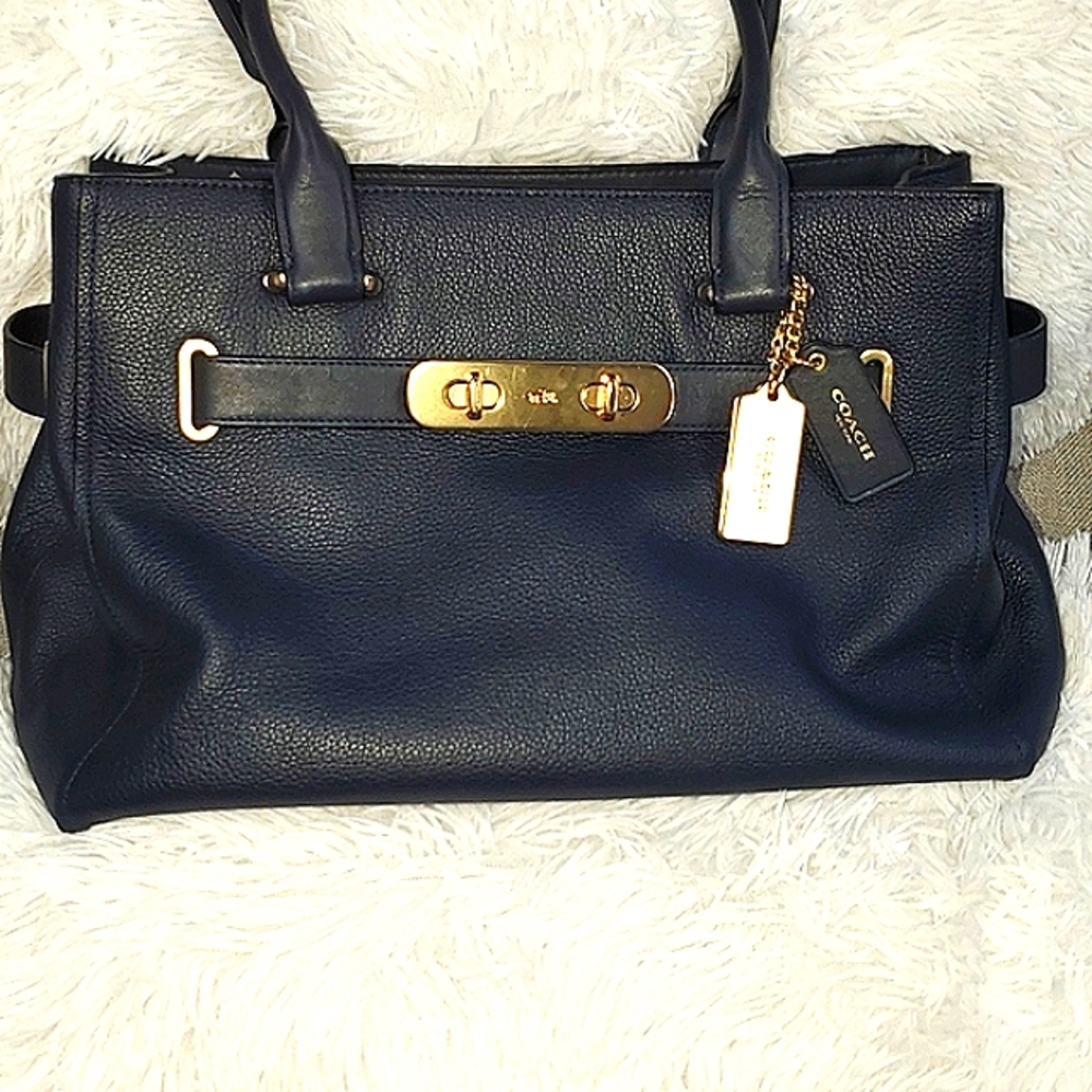 Coach Swagger Midnight Blue Pebble Leather Satchel